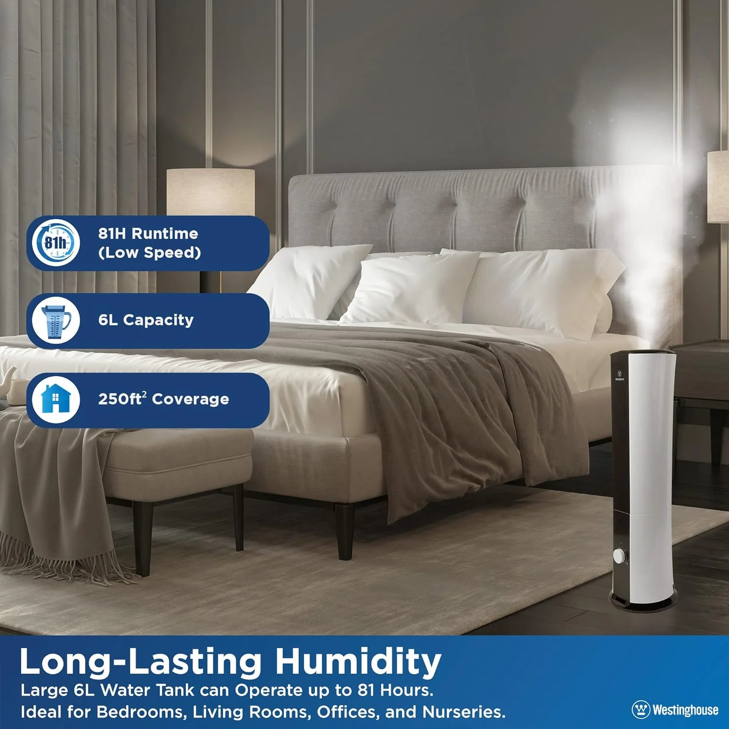 28" Cool Mist Ultrasonic Tower Humidifier 6L Top Fill - Image 4