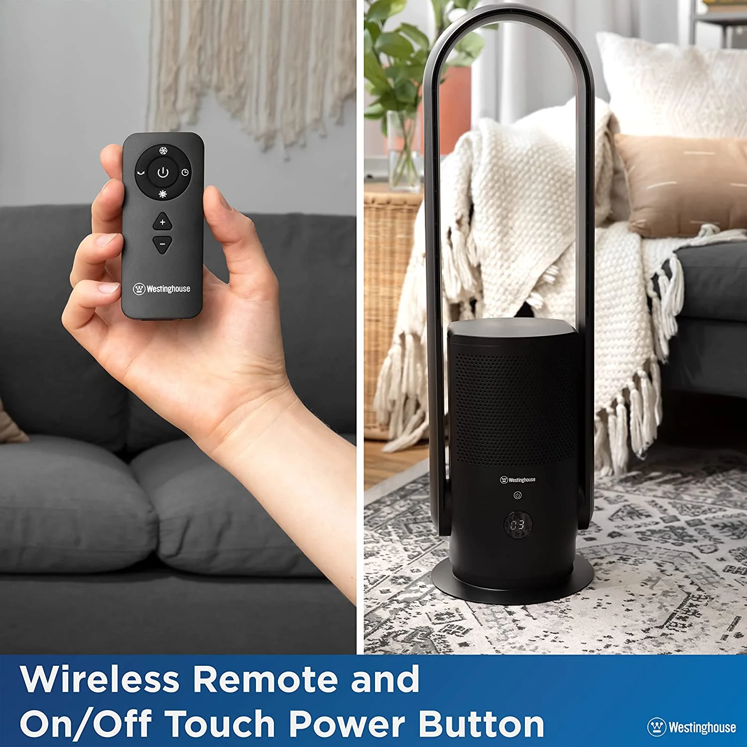 32” 3-in-1 Bladeless Tower Fan with Air Purifier & UV Sterilization Black - Image 6