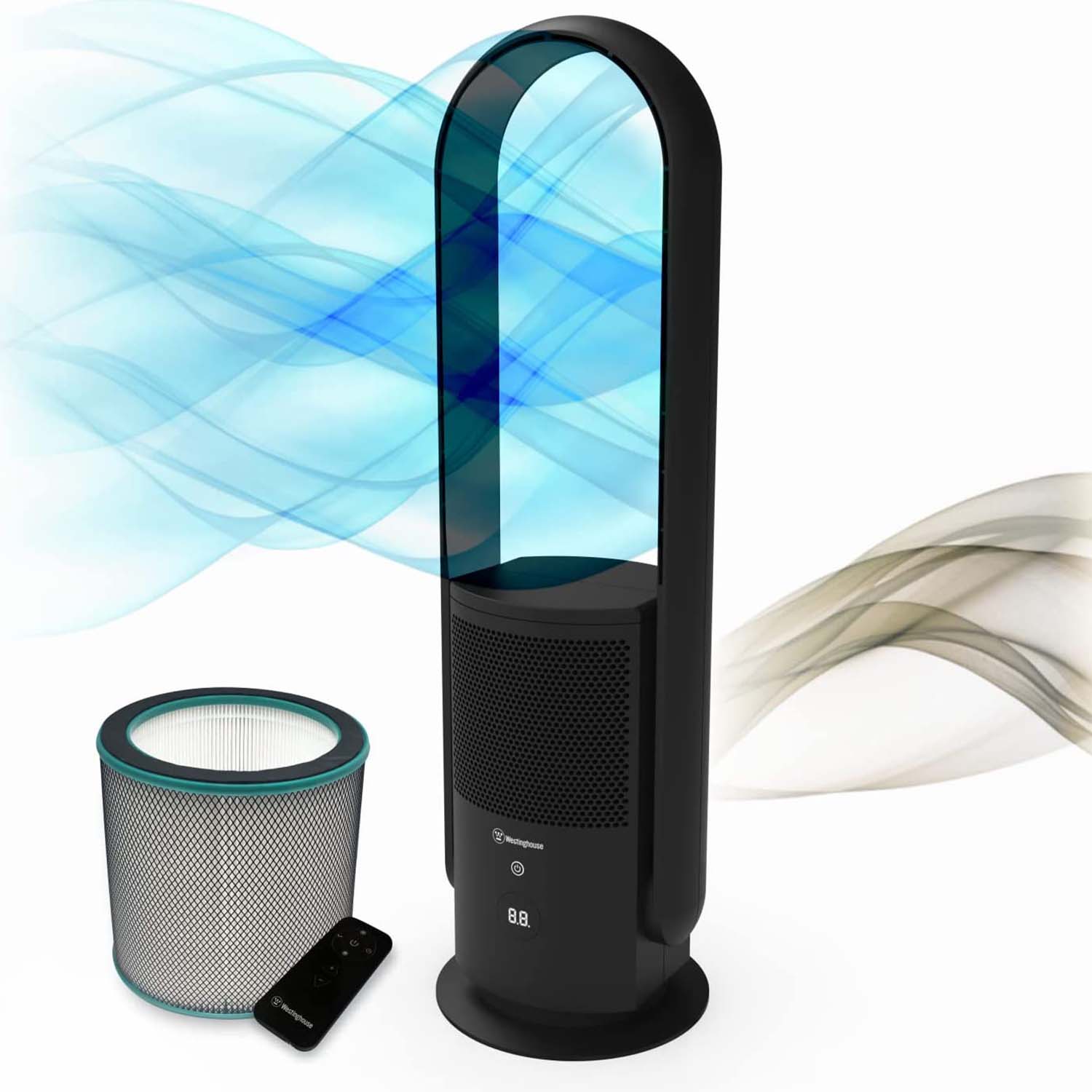 32" 3 In 1 Bladeless Tower Fan + Air Purifier + UV, Black