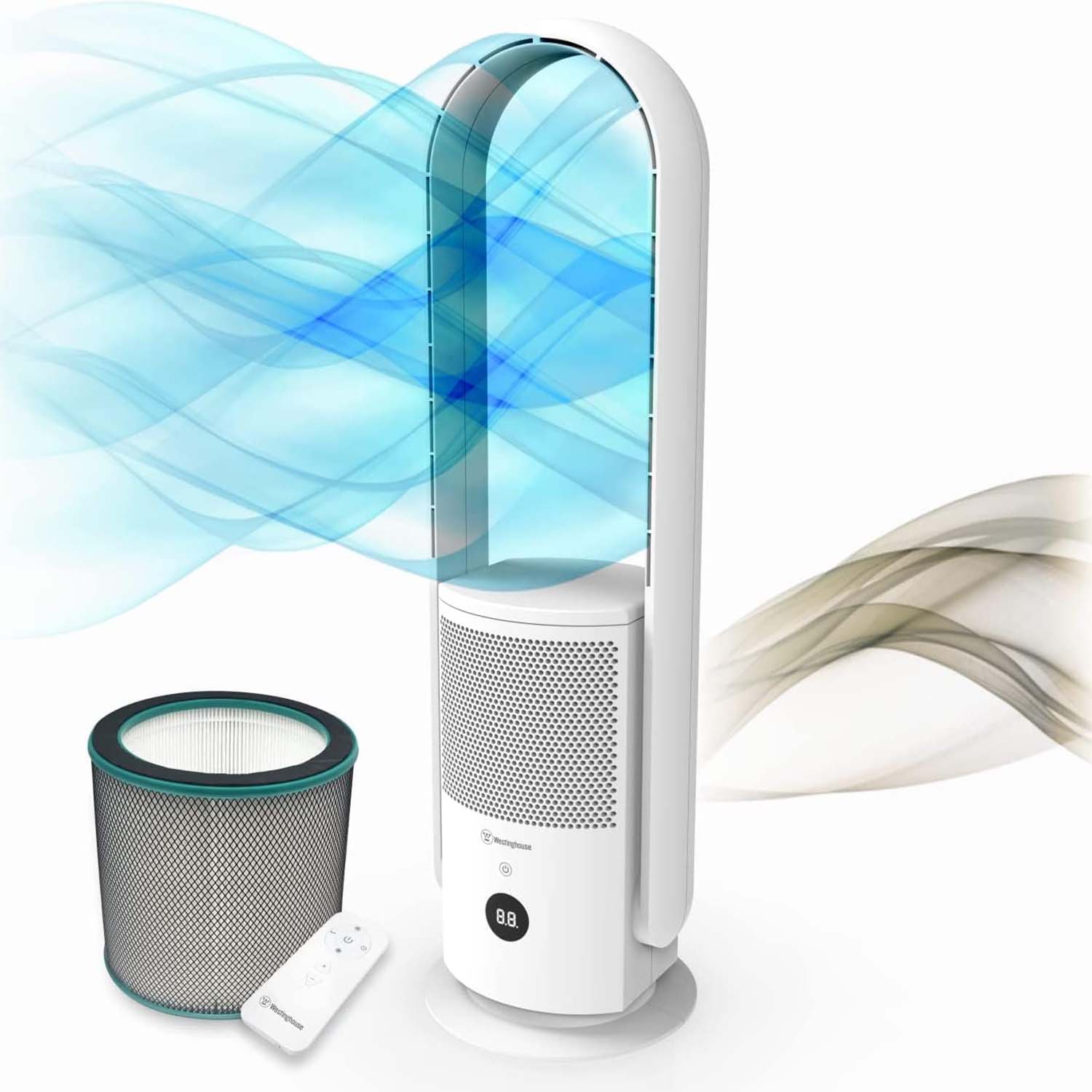 32" 3 In 1 Bladeless Tower Fan + Air Purifier + UV, White
