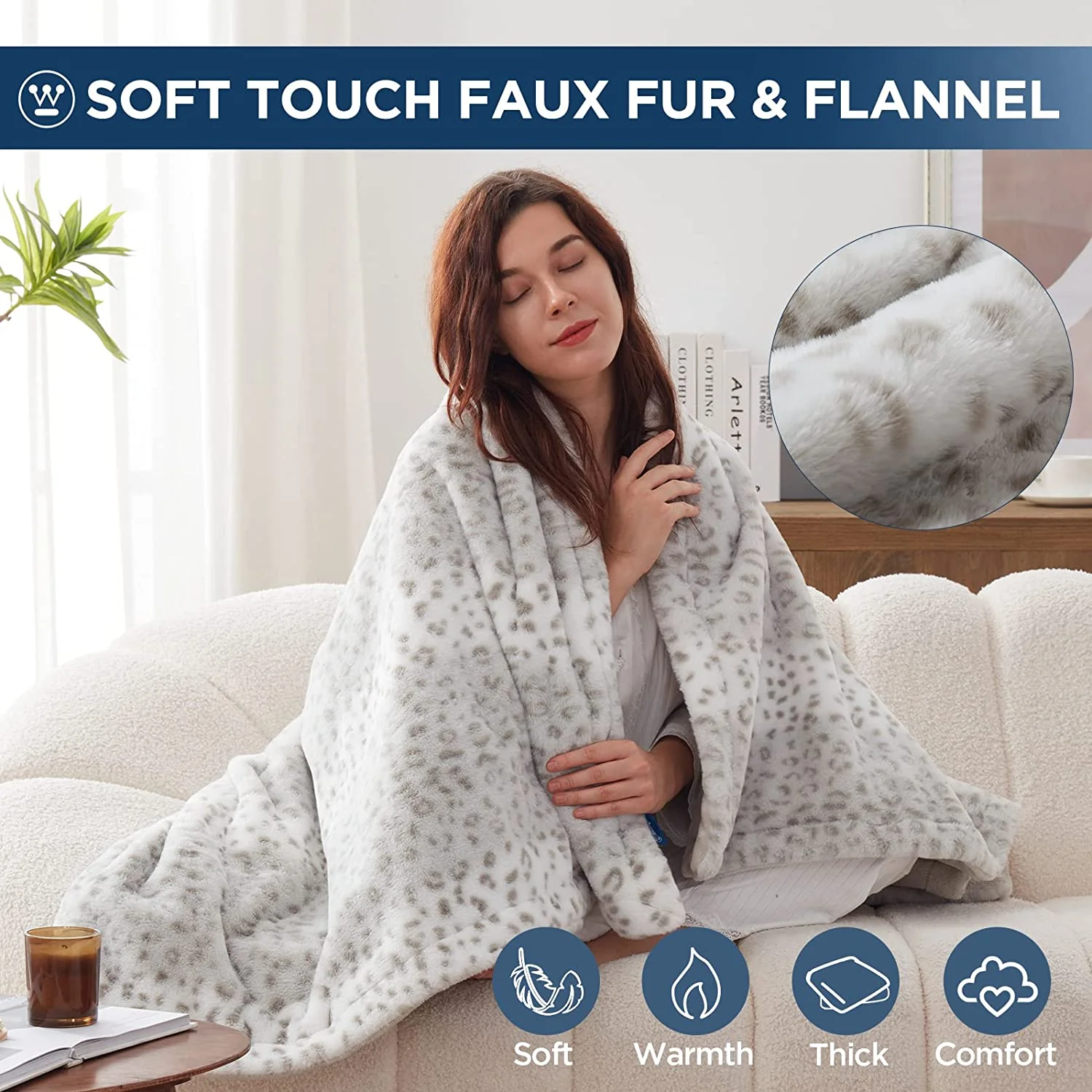 Electric Heated Blanket Luxurious Faux Fur Reverse to Flannel Grey Leopard - Image 4