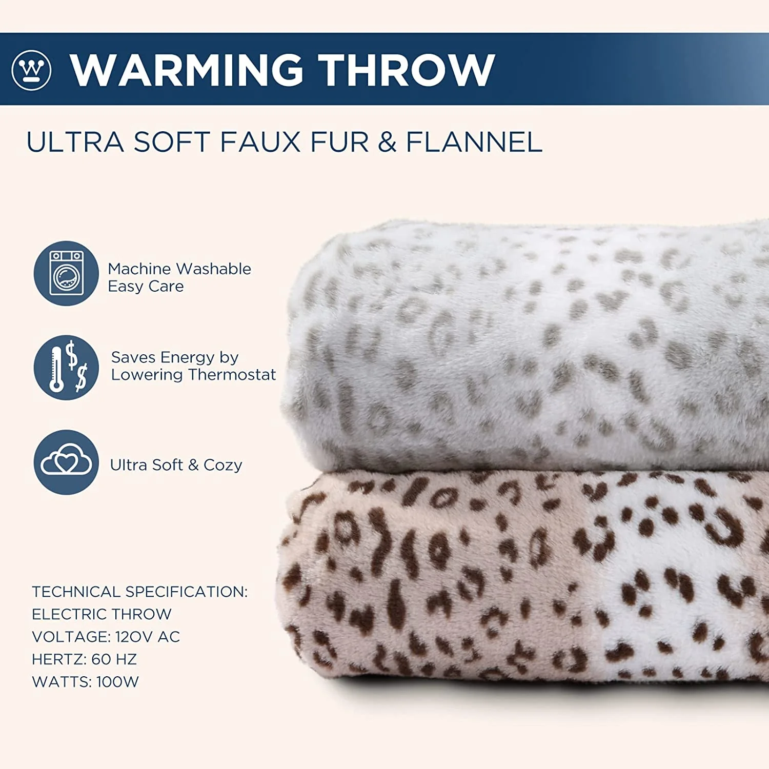 Electric Heated Blanket Luxurious Faux Fur Reverse to Flannel Grey Leopard - Image 5