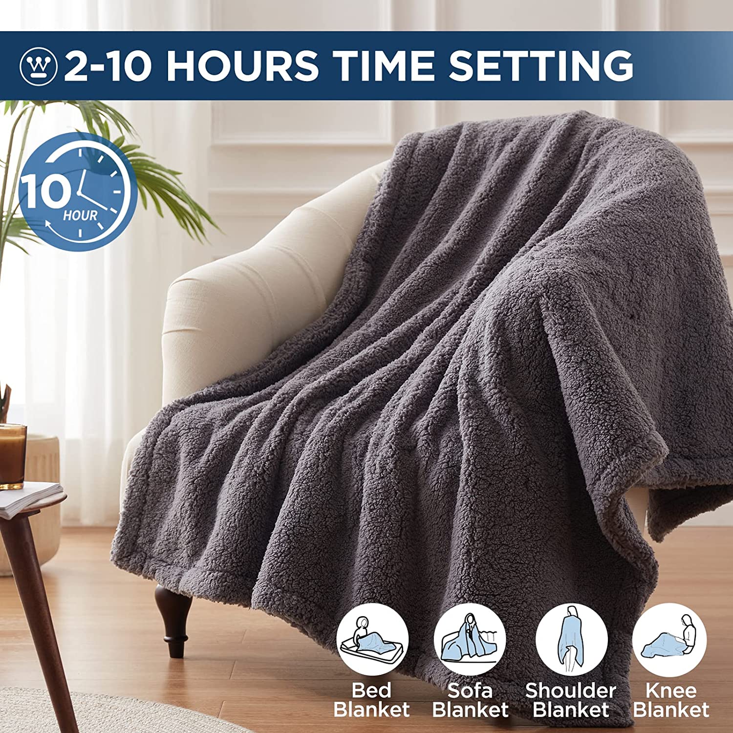 Electric Heated Throw Sherpa Dark Grey - Image 3