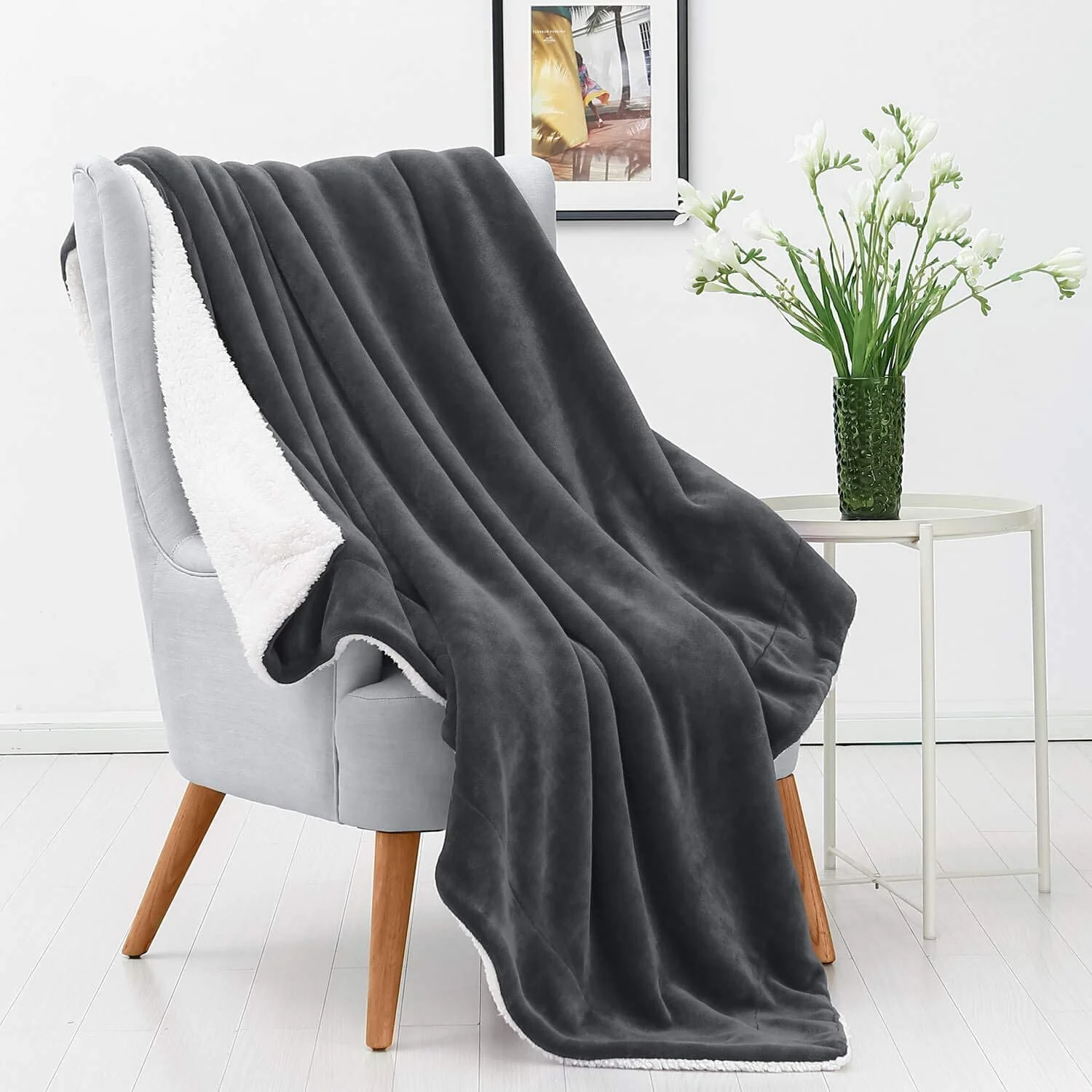 Plush Sherpa Fleece Throw Blanket Grey - Image 3