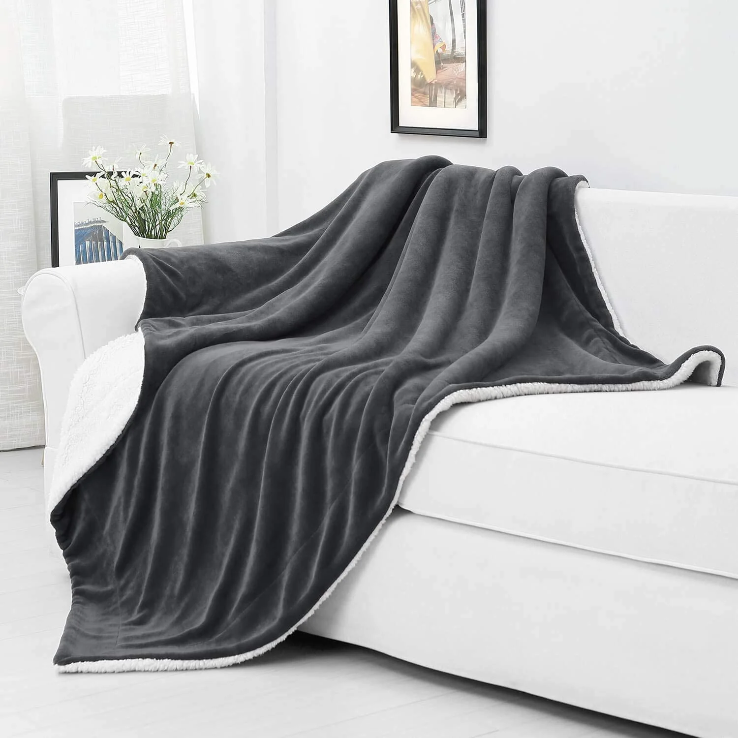 Plush Sherpa Fleece Throw Blanket Grey - Image 5