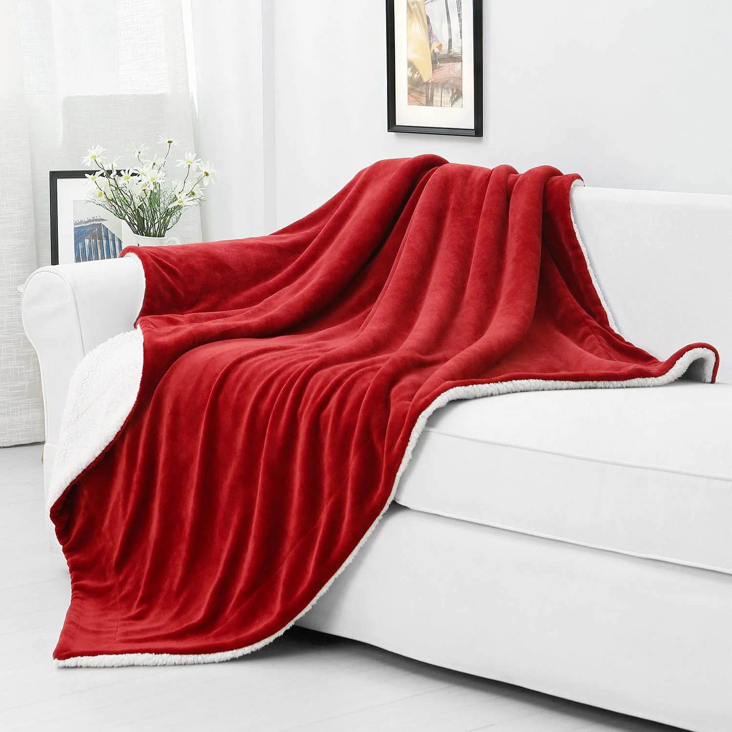Plush Sherpa Fleece Throw Blanket Red - Image 4
